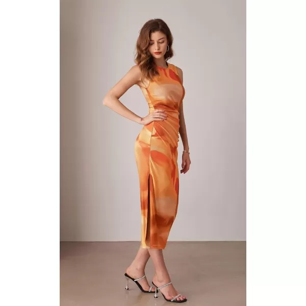 imageGRACE KARIN Bodycon Mesh Dresses for Women Sleeveless Midi Tie Dye Dress Side Slit Wedding Cocktail Party DressesOrange