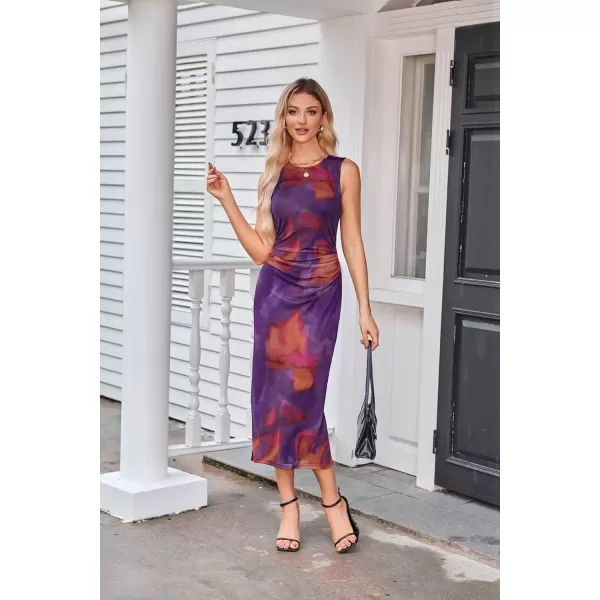 imageGRACE KARIN Bodycon Mesh Dresses for Women Sleeveless Midi Tie Dye Dress Side Slit Wedding Cocktail Party DressesPurple