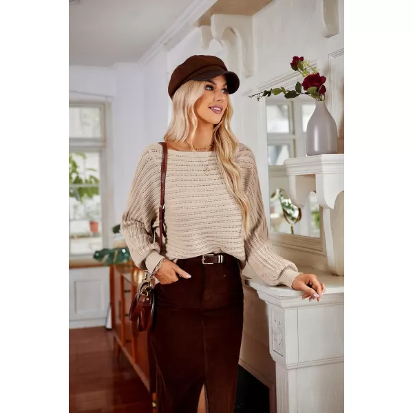 imageGRACE KARIN Fall Sweaters for Women 2024 Boat Neck Striped Crochet Pullover Sweater Knitted Batwing Long Sleeve Casual TopsApricot