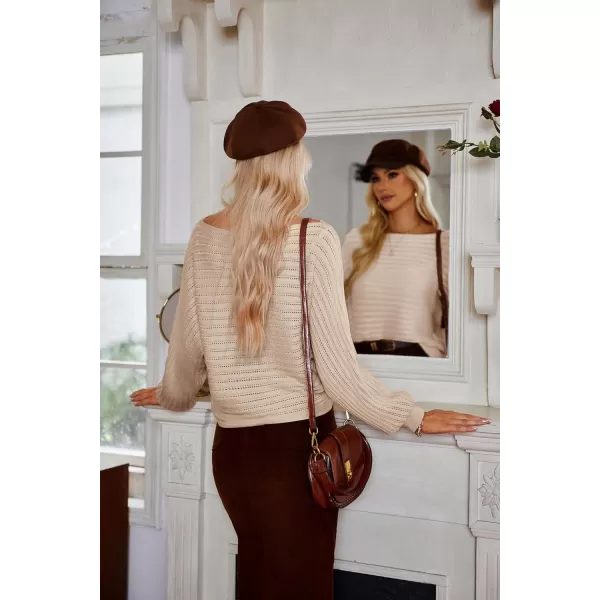 imageGRACE KARIN Fall Sweaters for Women 2024 Boat Neck Striped Crochet Pullover Sweater Knitted Batwing Long Sleeve Casual TopsApricot