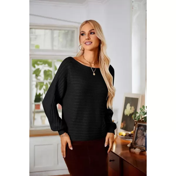 imageGRACE KARIN Fall Sweaters for Women 2024 Boat Neck Striped Crochet Pullover Sweater Knitted Batwing Long Sleeve Casual TopsBlack