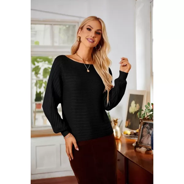 imageGRACE KARIN Fall Sweaters for Women 2024 Boat Neck Striped Crochet Pullover Sweater Knitted Batwing Long Sleeve Casual TopsBlack