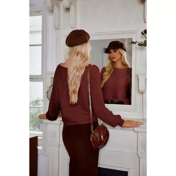 imageGRACE KARIN Fall Sweaters for Women 2024 Boat Neck Striped Crochet Pullover Sweater Knitted Batwing Long Sleeve Casual TopsBrown