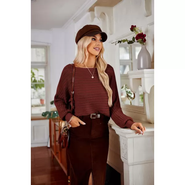 imageGRACE KARIN Fall Sweaters for Women 2024 Boat Neck Striped Crochet Pullover Sweater Knitted Batwing Long Sleeve Casual TopsBrown
