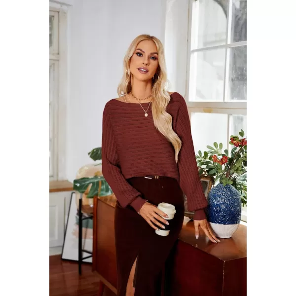imageGRACE KARIN Fall Sweaters for Women 2024 Boat Neck Striped Crochet Pullover Sweater Knitted Batwing Long Sleeve Casual TopsBrown