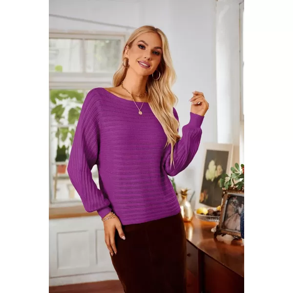 imageGRACE KARIN Fall Sweaters for Women 2024 Boat Neck Striped Crochet Pullover Sweater Knitted Batwing Long Sleeve Casual TopsPurple