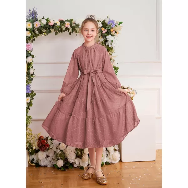 imageGRACE KARIN Girls Long Sleeve Dress Aline Flowy Maxi Dresses for Girls 514 YearsRedbrown
