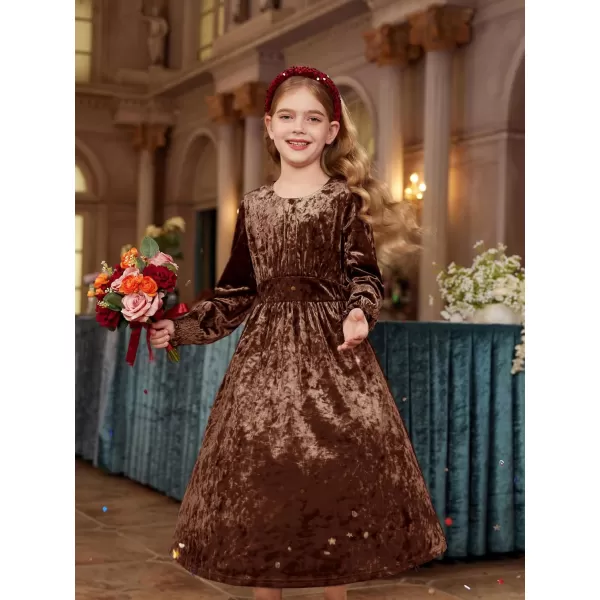 imageGRACE KARIN Girls Long Sleeve Velvet Dress Midi Fall Vintage Party Holiday Dresses for Kids 512YDark Brown
