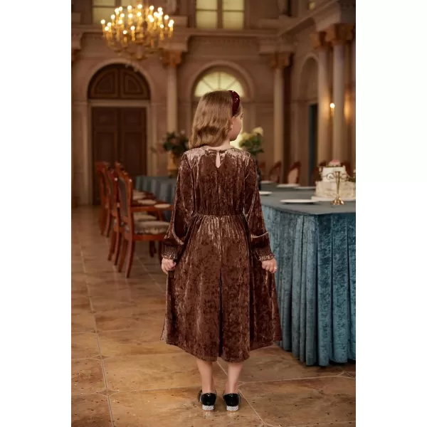imageGRACE KARIN Girls Long Sleeve Velvet Dress Midi Fall Vintage Party Holiday Dresses for Kids 512YDark Brown