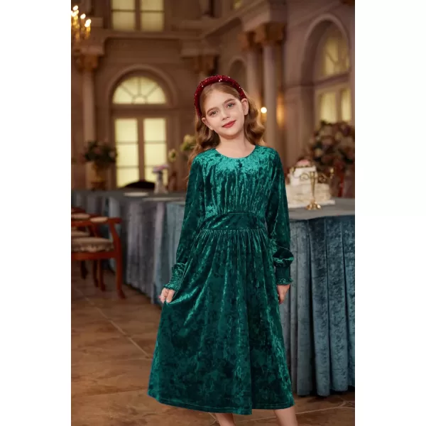 imageGRACE KARIN Girls Long Sleeve Velvet Dress Midi Fall Vintage Party Holiday Dresses for Kids 512YDark Green