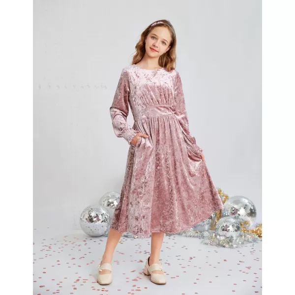 imageGRACE KARIN Girls Long Sleeve Velvet Dress Midi Fall Vintage Party Holiday Dresses for Kids 512YLight Pink