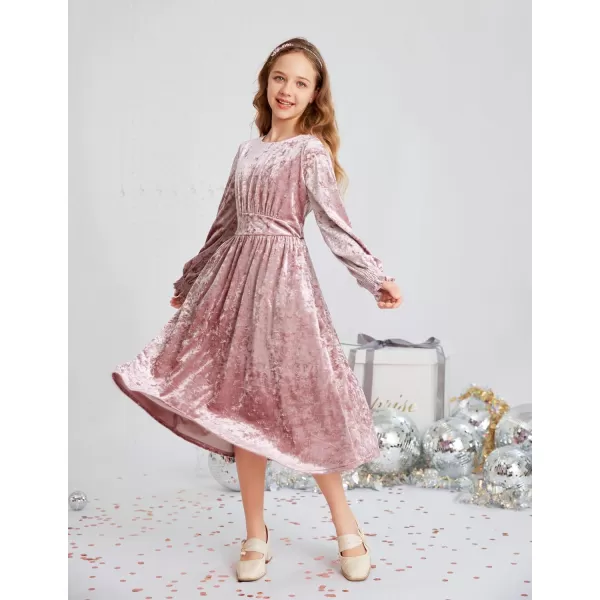 imageGRACE KARIN Girls Long Sleeve Velvet Dress Midi Fall Vintage Party Holiday Dresses for Kids 512YLight Pink