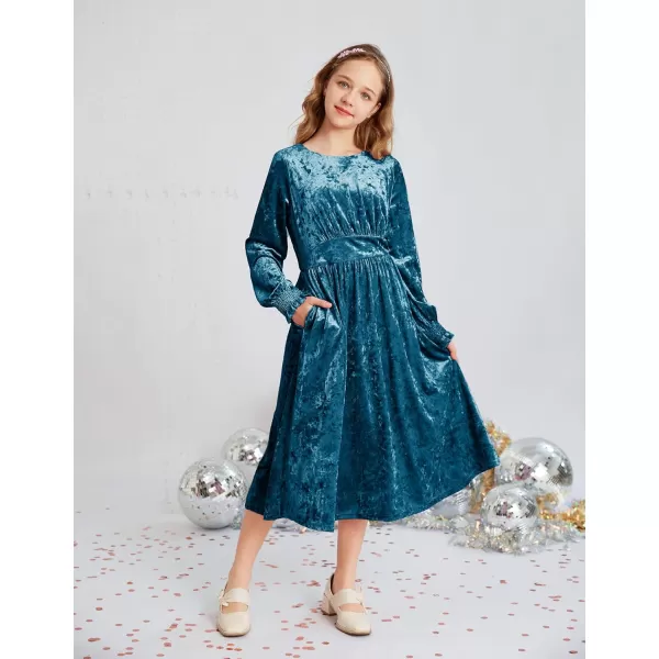 imageGRACE KARIN Girls Long Sleeve Velvet Dress Midi Fall Vintage Party Holiday Dresses for Kids 512YPeacock Blue