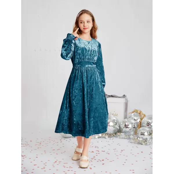 imageGRACE KARIN Girls Long Sleeve Velvet Dress Midi Fall Vintage Party Holiday Dresses for Kids 512YPeacock Blue