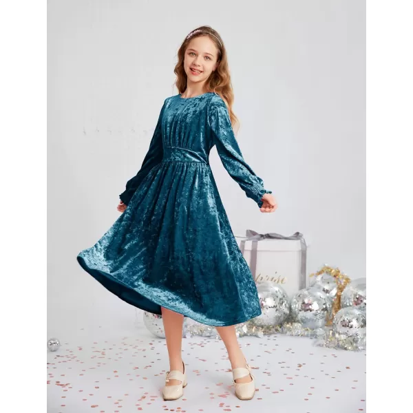 imageGRACE KARIN Girls Long Sleeve Velvet Dress Midi Fall Vintage Party Holiday Dresses for Kids 512YPeacock Blue