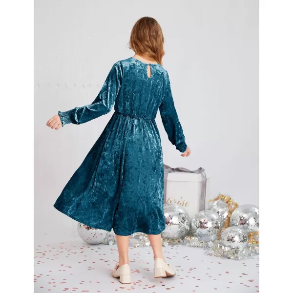 imageGRACE KARIN Girls Long Sleeve Velvet Dress Midi Fall Vintage Party Holiday Dresses for Kids 512YPeacock Blue