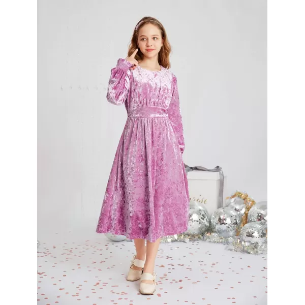 imageGRACE KARIN Girls Long Sleeve Velvet Dress Midi Fall Vintage Party Holiday Dresses for Kids 512YPink Purple