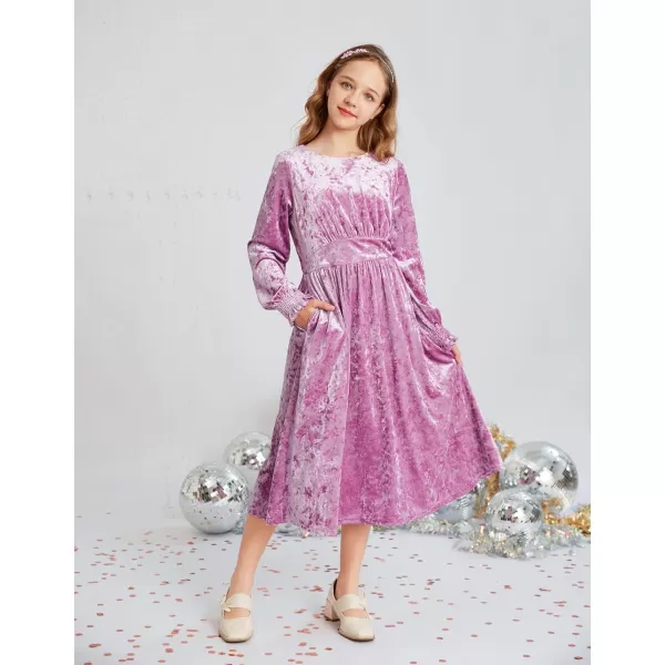 imageGRACE KARIN Girls Long Sleeve Velvet Dress Midi Fall Vintage Party Holiday Dresses for Kids 512YPink Purple