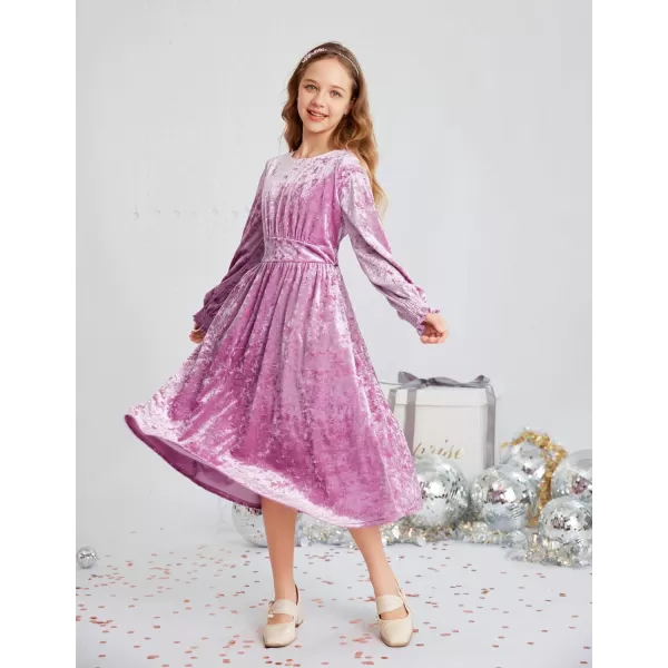 imageGRACE KARIN Girls Long Sleeve Velvet Dress Midi Fall Vintage Party Holiday Dresses for Kids 512YPink Purple