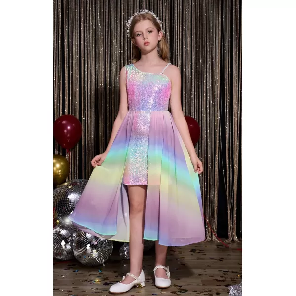 imageGRACE KARIN Girls Sequin Dress One Shoulder Birthday Party Prom Dresses 614YRainbow Color