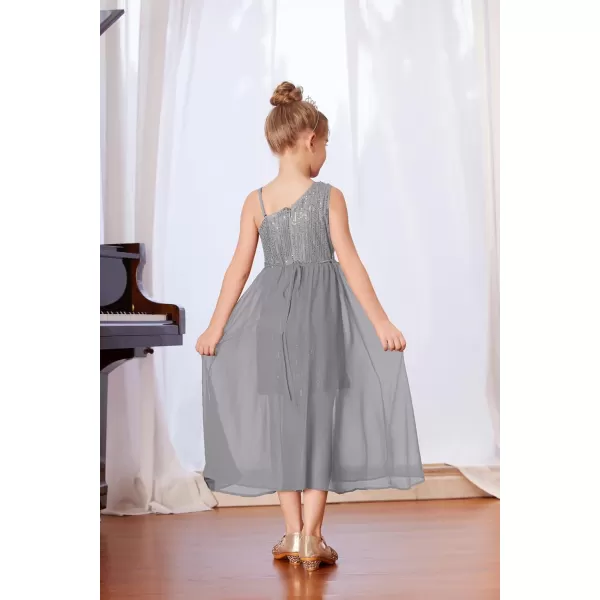 imageGRACE KARIN Girls Sequin Dress One Shoulder Birthday Party Prom Dresses 614YSilver Gray