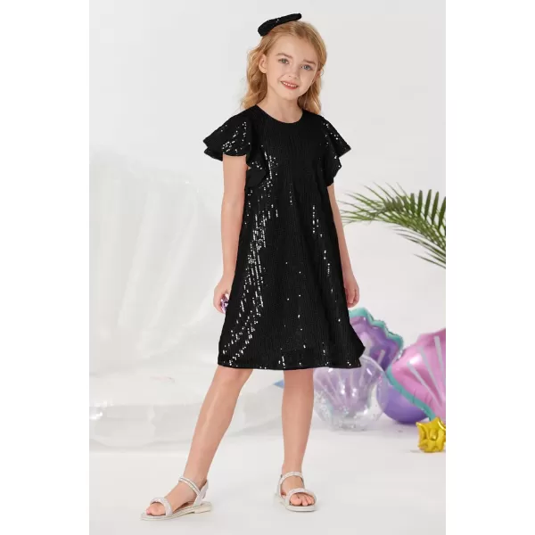 imageGRACE KARIN Girls Sequin Dress Short Flutter Sleeve Flare Silhouette Midi Dress with Hairbow 512YBlack