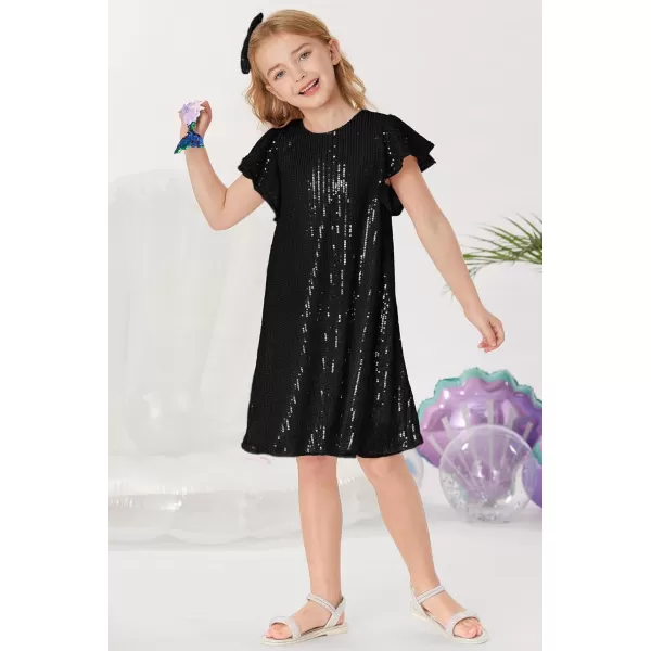 imageGRACE KARIN Girls Sequin Dress Short Flutter Sleeve Flare Silhouette Midi Dress with Hairbow 512YBlack