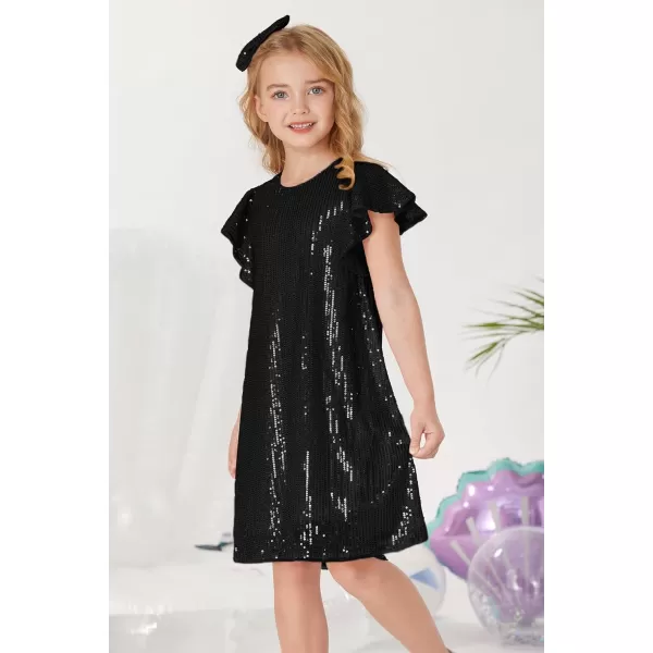 imageGRACE KARIN Girls Sequin Dress Short Flutter Sleeve Flare Silhouette Midi Dress with Hairbow 512YBlack