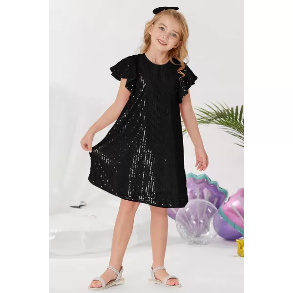 imageGRACE KARIN Girls Sequin Dress Short Flutter Sleeve Flare Silhouette Midi Dress with Hairbow 512YBlack