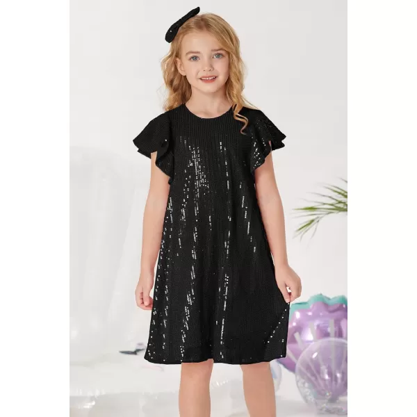 imageGRACE KARIN Girls Sequin Dress Short Flutter Sleeve Flare Silhouette Midi Dress with Hairbow 512YBlack