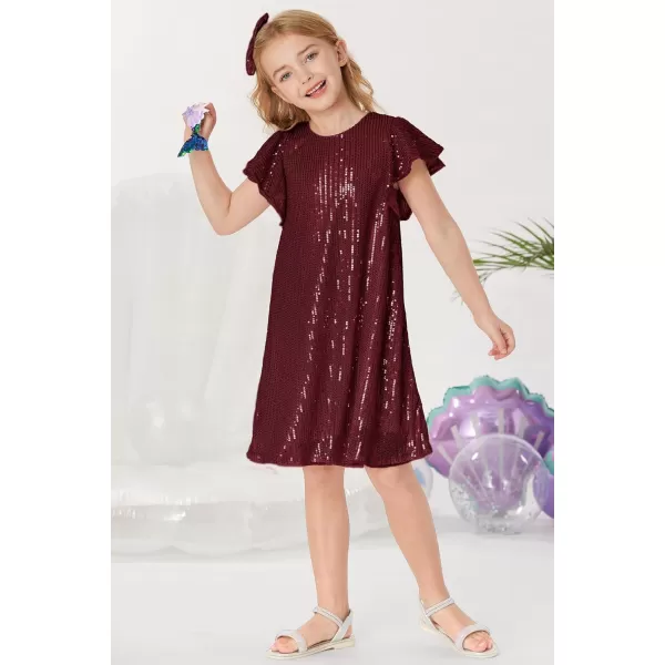 imageGRACE KARIN Girls Sequin Dress Short Flutter Sleeve Flare Silhouette Midi Dress with Hairbow 512YBurgundy