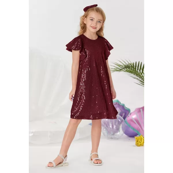 imageGRACE KARIN Girls Sequin Dress Short Flutter Sleeve Flare Silhouette Midi Dress with Hairbow 512YBurgundy