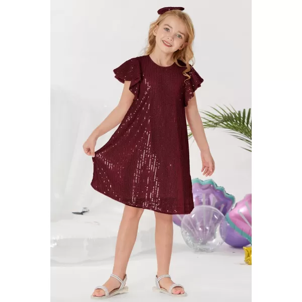 imageGRACE KARIN Girls Sequin Dress Short Flutter Sleeve Flare Silhouette Midi Dress with Hairbow 512YBurgundy