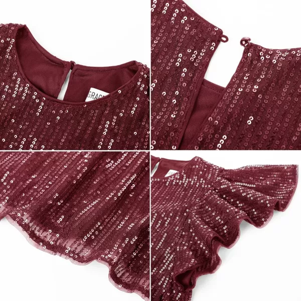 imageGRACE KARIN Girls Sequin Dress Short Flutter Sleeve Flare Silhouette Midi Dress with Hairbow 512YBurgundy