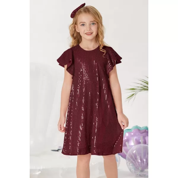 imageGRACE KARIN Girls Sequin Dress Short Flutter Sleeve Flare Silhouette Midi Dress with Hairbow 512YBurgundy