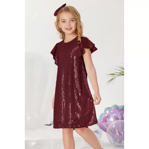 imageGRACE KARIN Girls Sequin Dress Short Flutter Sleeve Flare Silhouette Midi Dress with Hairbow 512YBurgundy