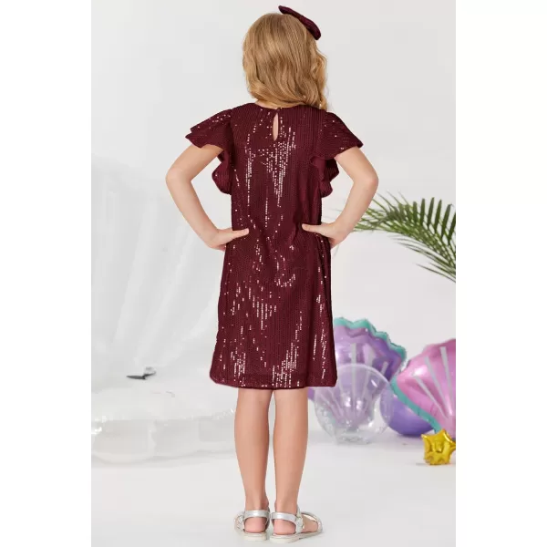 imageGRACE KARIN Girls Sequin Dress Short Flutter Sleeve Flare Silhouette Midi Dress with Hairbow 512YBurgundy