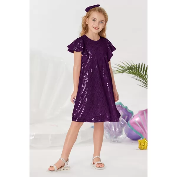 imageGRACE KARIN Girls Sequin Dress Short Flutter Sleeve Flare Silhouette Midi Dress with Hairbow 512YDark Purple