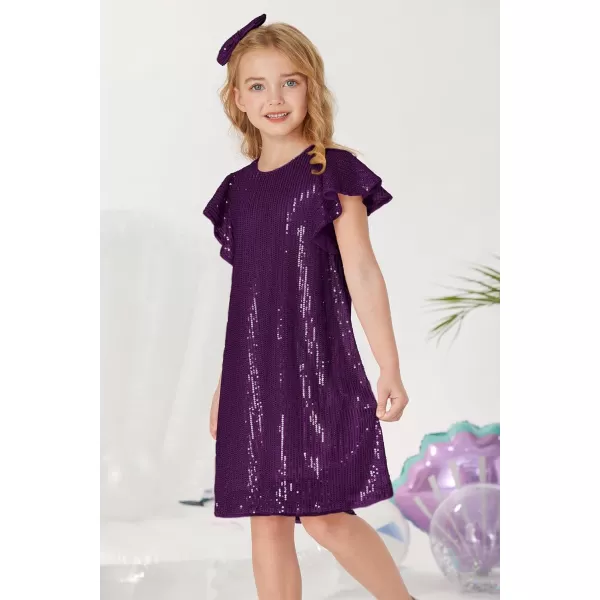 imageGRACE KARIN Girls Sequin Dress Short Flutter Sleeve Flare Silhouette Midi Dress with Hairbow 512YDark Purple