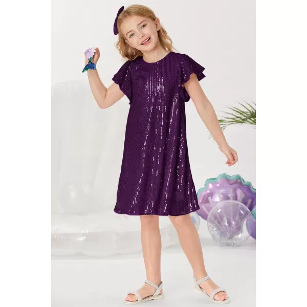 imageGRACE KARIN Girls Sequin Dress Short Flutter Sleeve Flare Silhouette Midi Dress with Hairbow 512YDark Purple