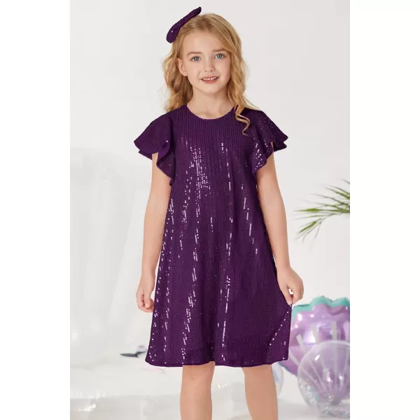 imageGRACE KARIN Girls Sequin Dress Short Flutter Sleeve Flare Silhouette Midi Dress with Hairbow 512YDark Purple