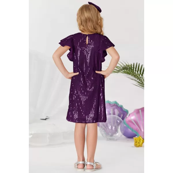 imageGRACE KARIN Girls Sequin Dress Short Flutter Sleeve Flare Silhouette Midi Dress with Hairbow 512YDark Purple