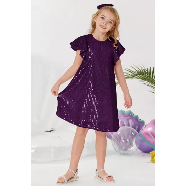 imageGRACE KARIN Girls Sequin Dress Short Flutter Sleeve Flare Silhouette Midi Dress with Hairbow 512YDark Purple