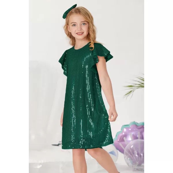 imageGRACE KARIN Girls Sequin Dress Short Flutter Sleeve Flare Silhouette Midi Dress with Hairbow 512YDark Teal