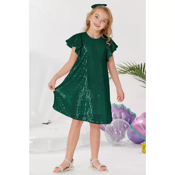 imageGRACE KARIN Girls Sequin Dress Short Flutter Sleeve Flare Silhouette Midi Dress with Hairbow 512YDark Teal