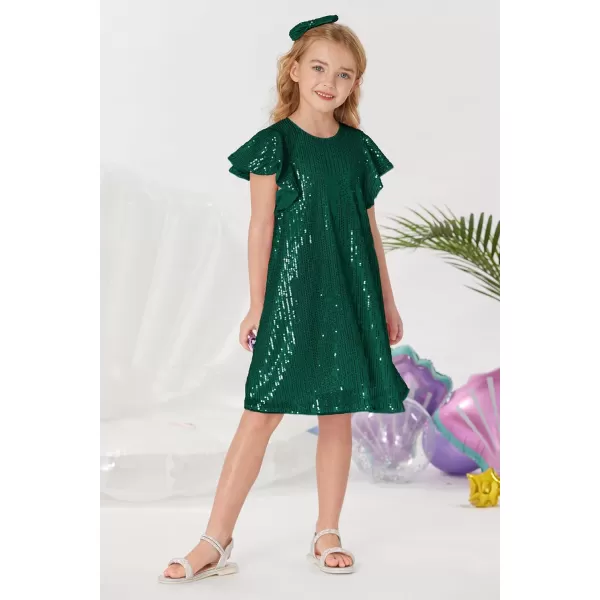 imageGRACE KARIN Girls Sequin Dress Short Flutter Sleeve Flare Silhouette Midi Dress with Hairbow 512YDark Teal