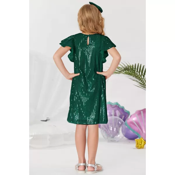 imageGRACE KARIN Girls Sequin Dress Short Flutter Sleeve Flare Silhouette Midi Dress with Hairbow 512YDark Teal