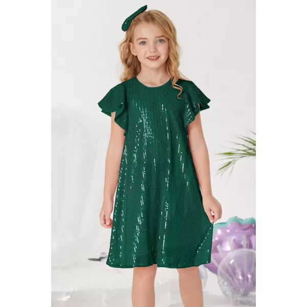 imageGRACE KARIN Girls Sequin Dress Short Flutter Sleeve Flare Silhouette Midi Dress with Hairbow 512YDark Teal