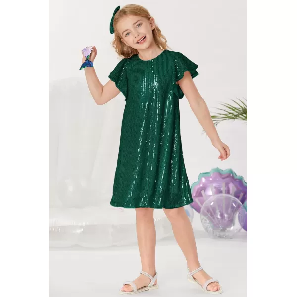 imageGRACE KARIN Girls Sequin Dress Short Flutter Sleeve Flare Silhouette Midi Dress with Hairbow 512YDark Teal