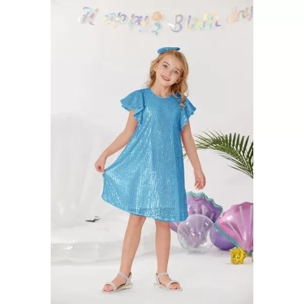 imageGRACE KARIN Girls Sequin Dress Short Flutter Sleeve Flare Silhouette Midi Dress with Hairbow 512YLight Blue
